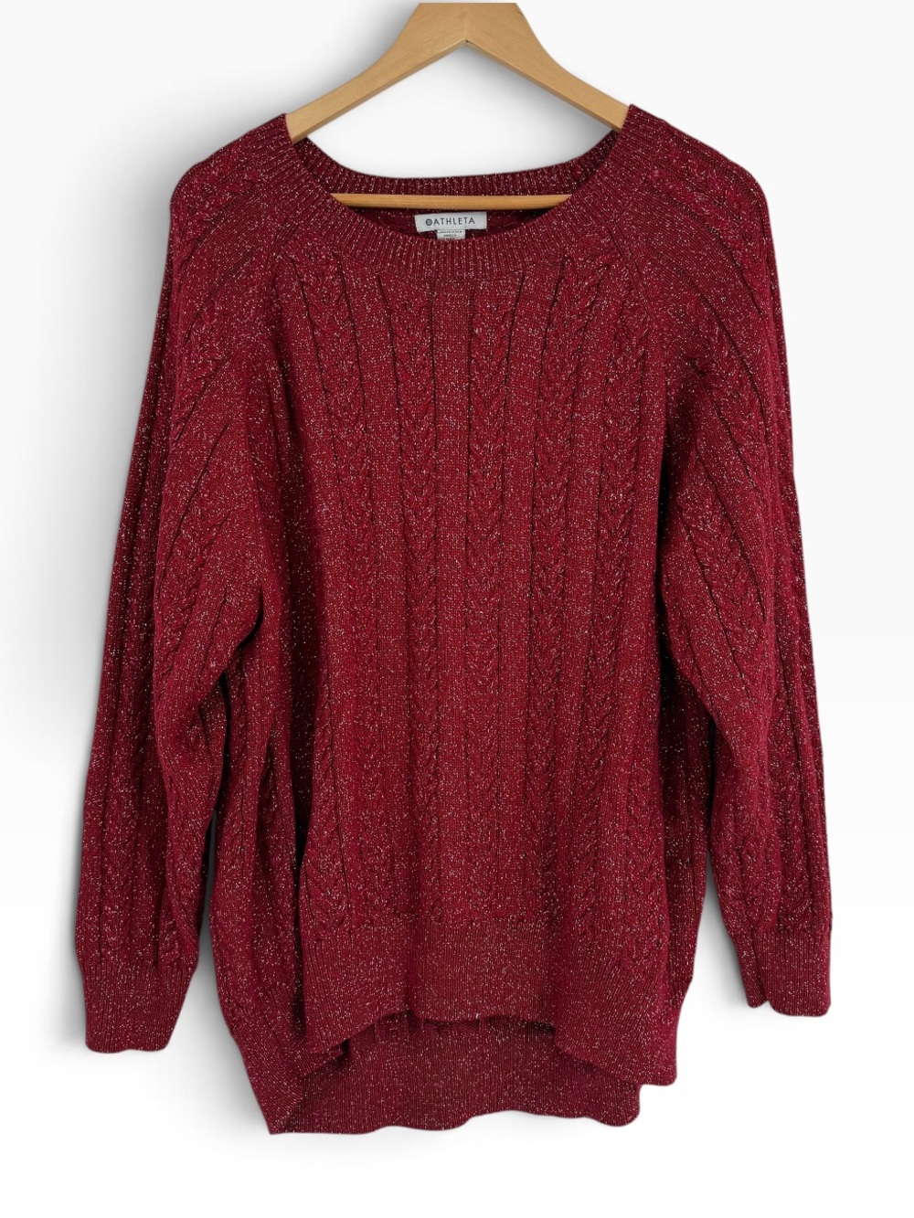 Athleta Sweater Women's Size 1X Crossroads Crew Neck Cable Knit Red Metallic